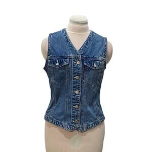 Vintage GAP Denim Button Up Vest Back Cinch SMALL 100% Cotton Bikercore Retro